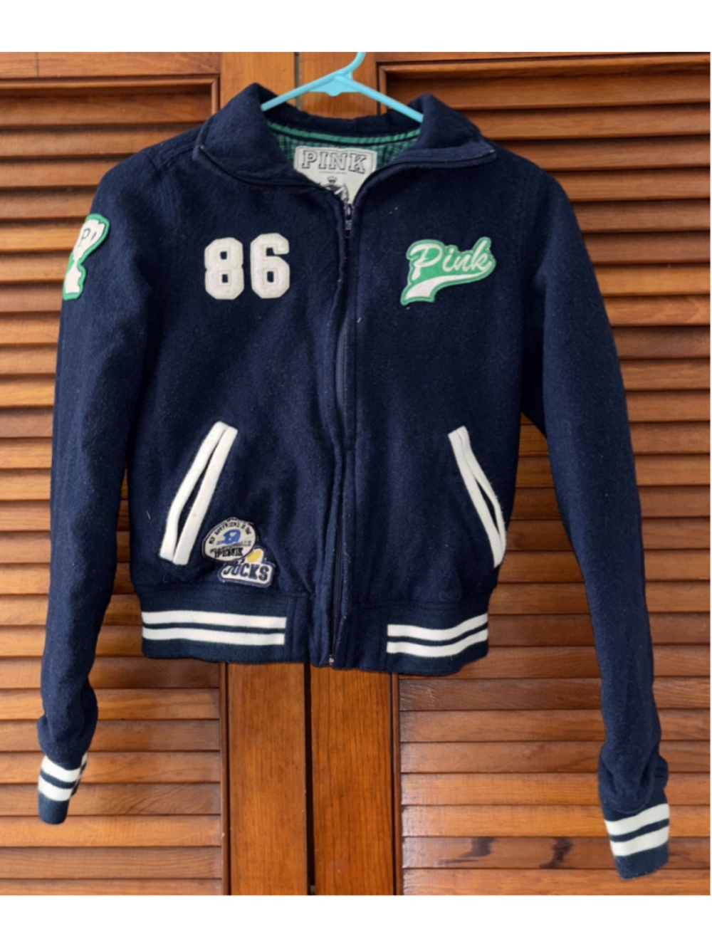 Victorias Secret PINK Letterman Jacket Blue Full Zip Wool Blend X-Small XS